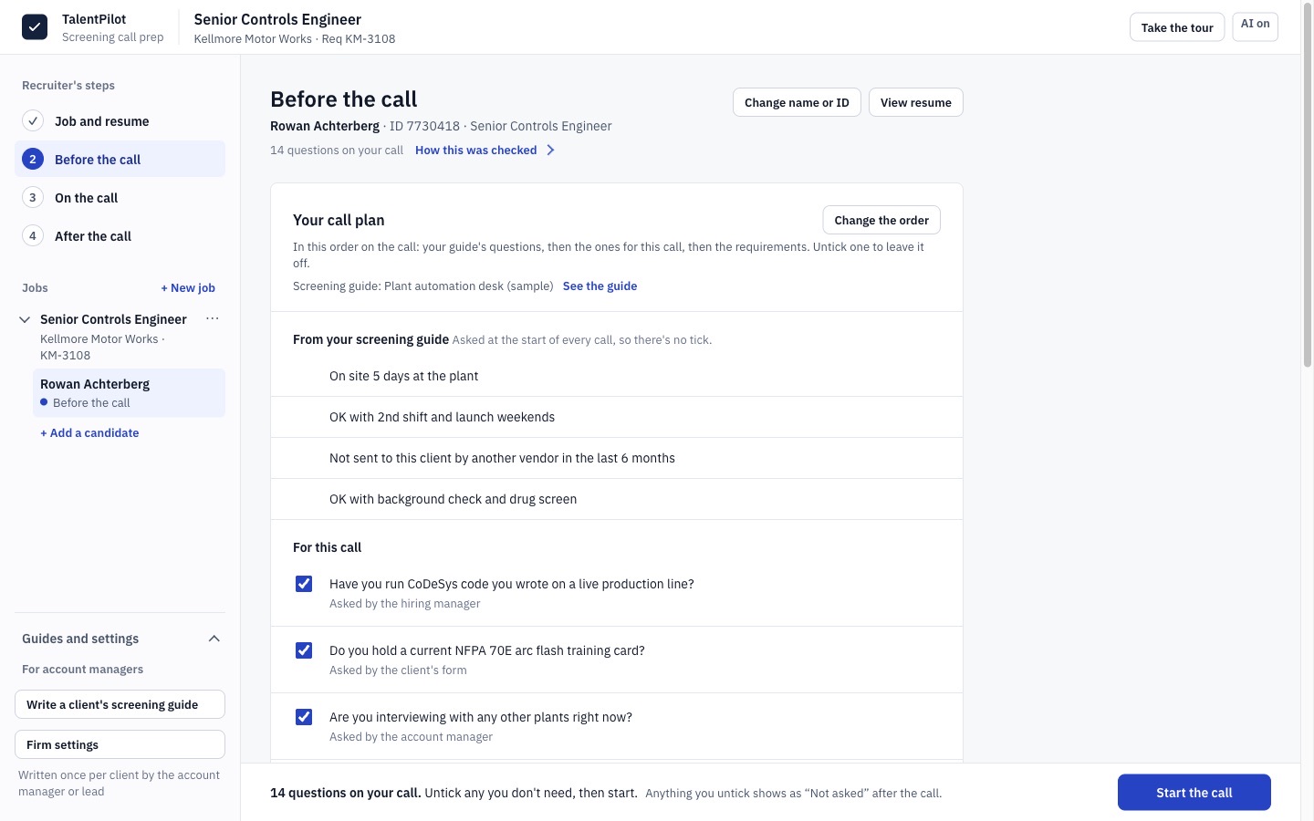 TalentPilot's Before the call screen: a call plan for a sample candidate, with who asked each question