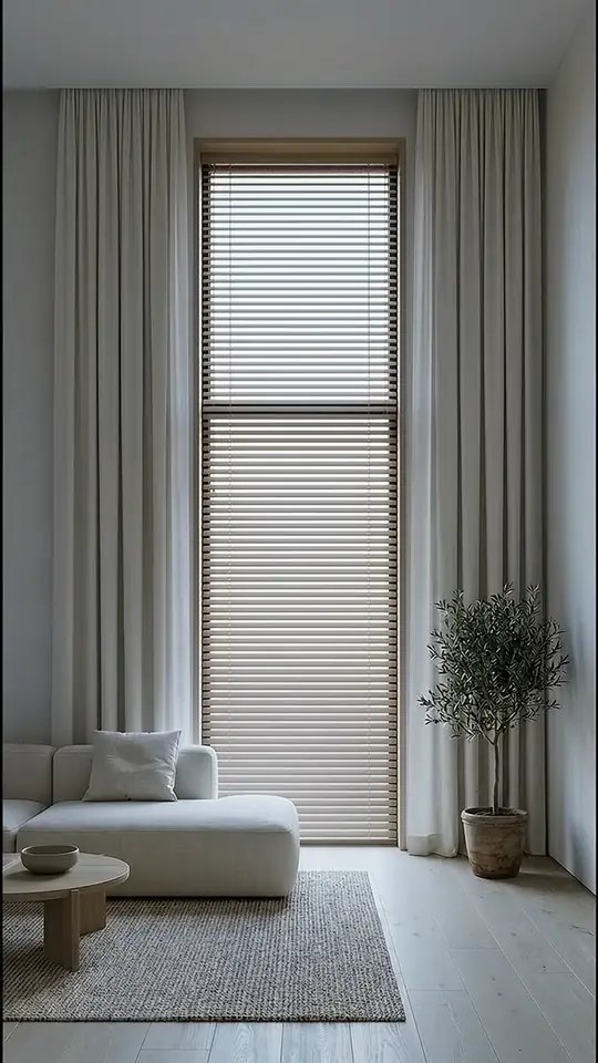 A living room at midday, wood blinds tilted open and sunlight in stripes across the floor.
