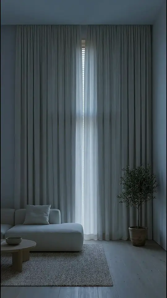 A tall window with ivory linen drapery drawn open in soft morning light.
