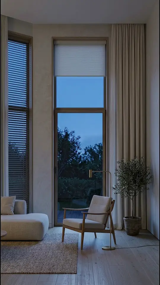 A tall window at night with the shade down and a reading lamp lit beside an armchair.