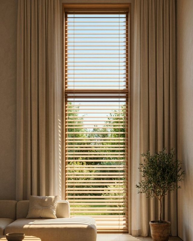 Wood blinds tilted open at midday