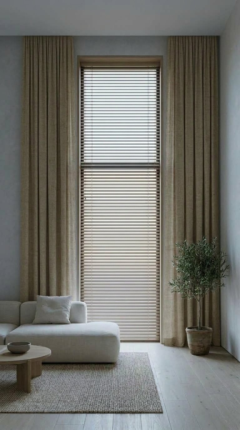 Sand linen drapery at a tall window in morning light