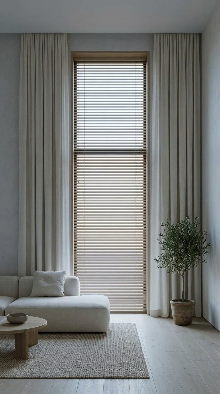 Ivory linen drapery at a tall window, in soft morning light
