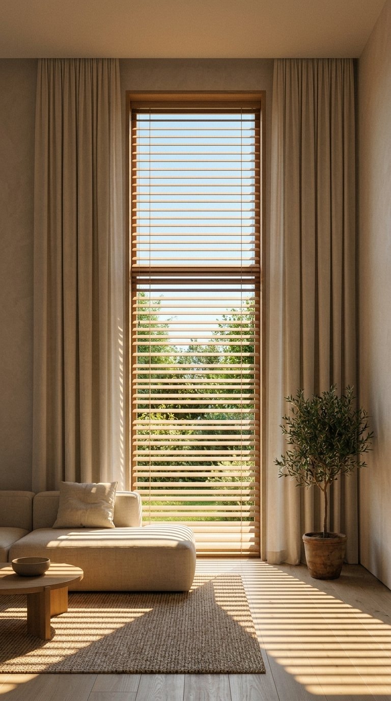 Wood blinds at a tall window, tilted open at midday