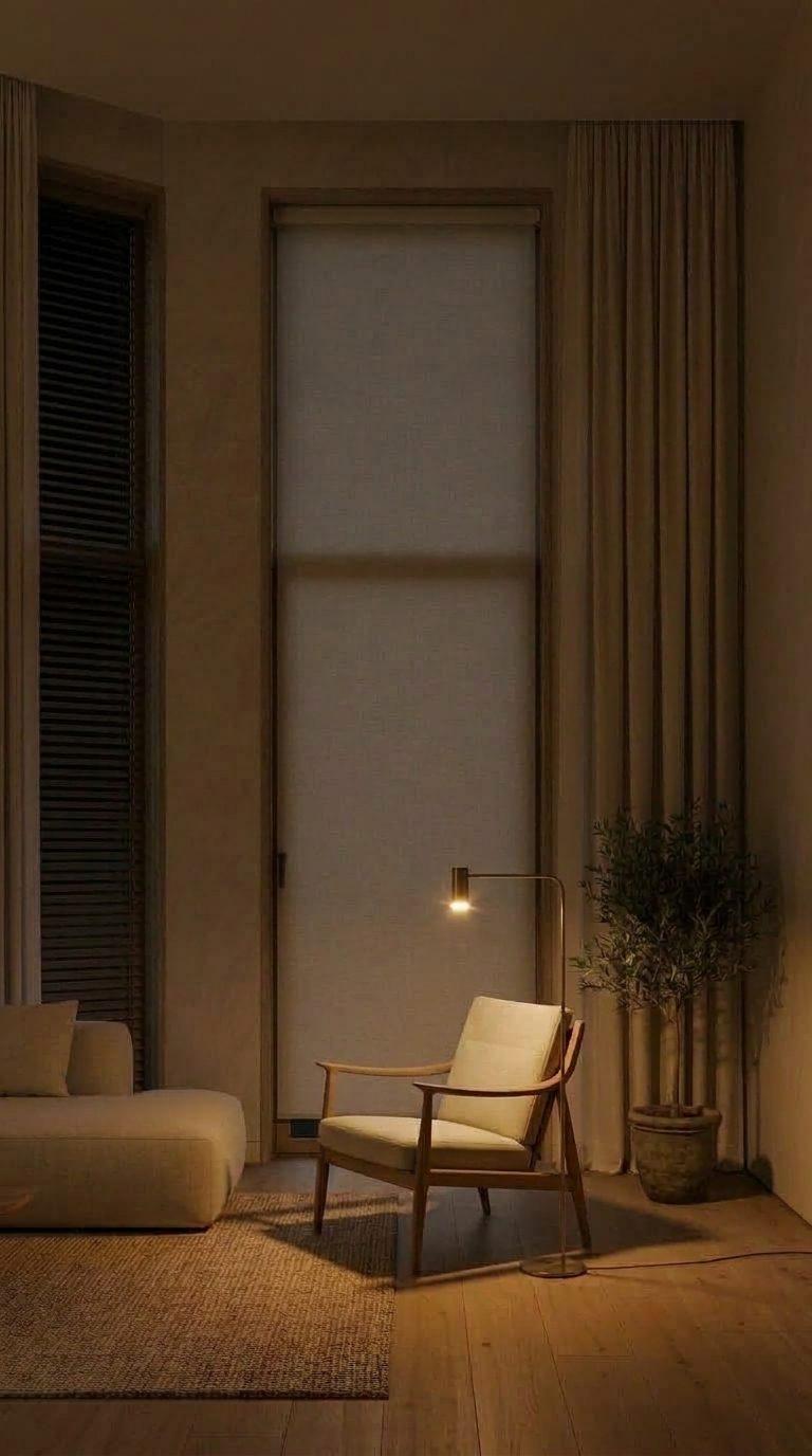 A roller shade at a tall window, lowered at night, with a lamp lit